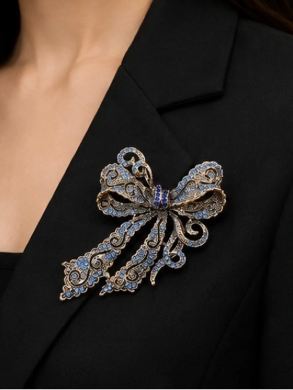 Vintage Blue Crystal Bow Brooch | Rhinestone Ribbon Pin | Antique Gold Statement